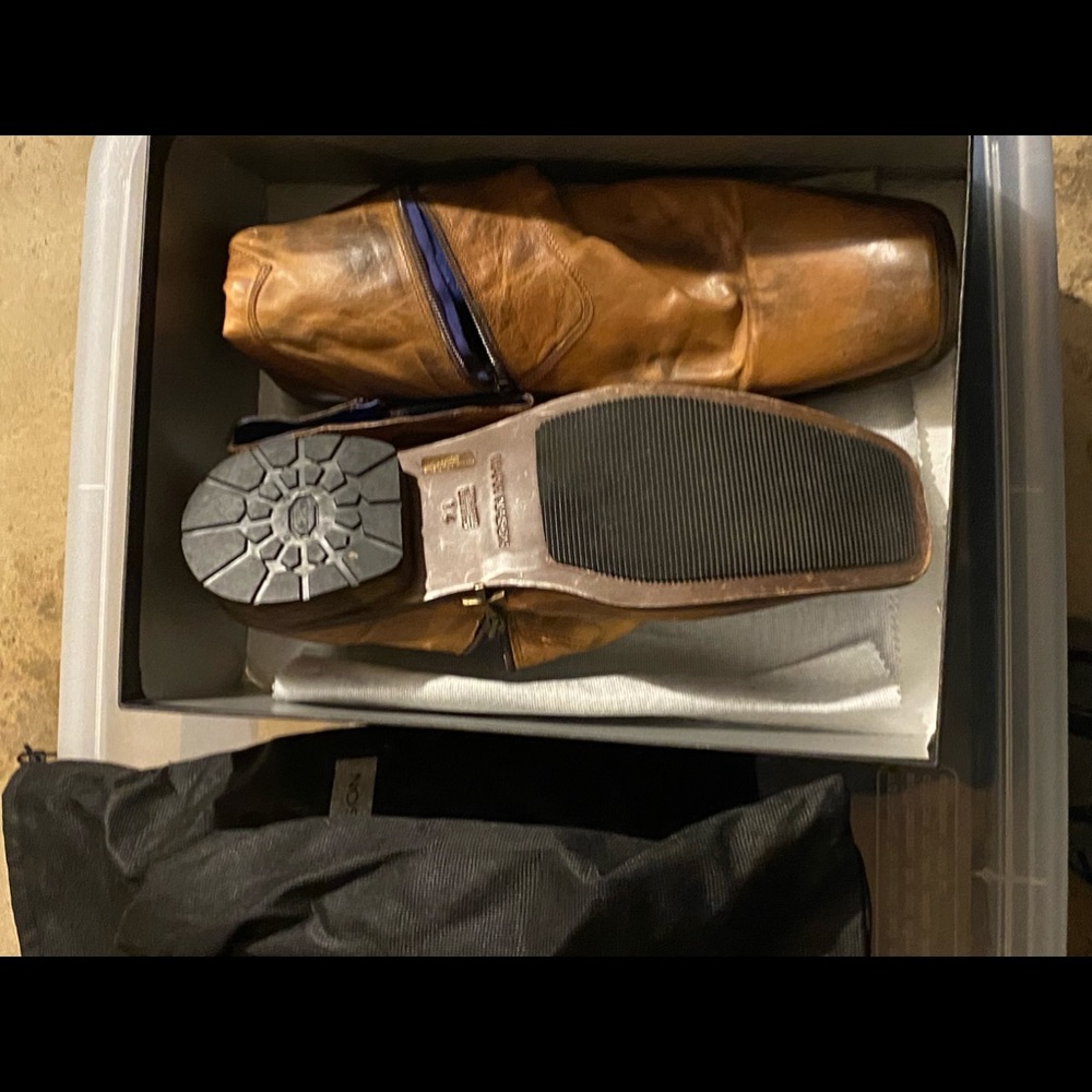 MARK NASON, GENTLY PREOWNED TAN/BROWN SIZE 14 BOOTS W/BOX /COVER SHOE BAGS